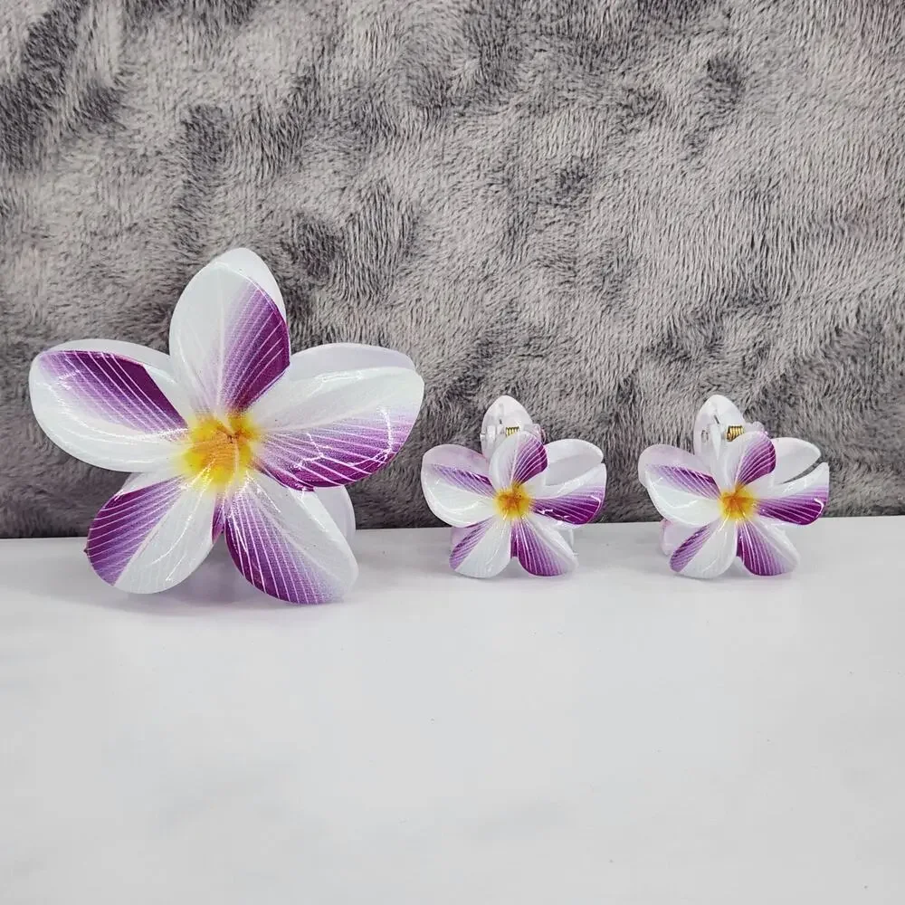 3 pc Hawaiian Flower Claw Clip Set - Hair Accessories Purple & White Plumeria